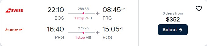 Cheap flights from US cities to Prague, Czech Republic from only $352 roundtrip with Swiss International Air Lines and Austrian Airlines. Flight deal ticket image.