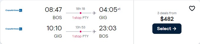 Cheap flights from Boston to Rio de Janeiro, Brazil for only $482 roundtrip with Copa Airlines. Flight deal ticket image.