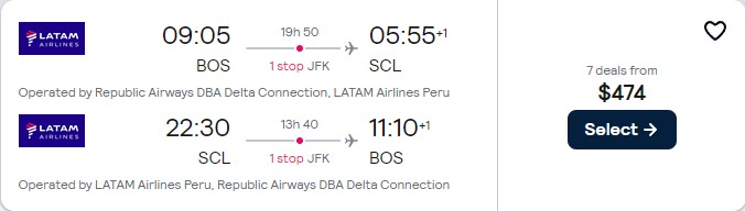 Click here to book this cheap flight deal. Cheap flights from Boston to Santiago, Chile for only $474 roundtrip with LATAM Airlines. Flight deal ticket image.