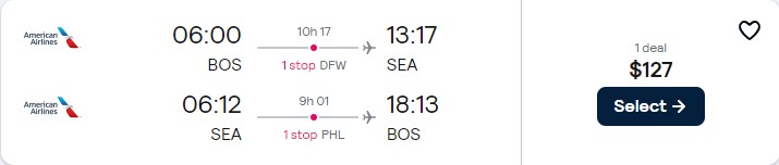 Cheap flights from Boston to Seattle for only $127 roundtrip with American Airlines. Also works in reverse. Flight deal ticket image.