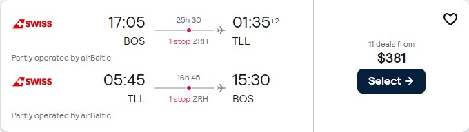 Click here to book this cheap flight deal. Cheap flights from Boston to Tallinn, Estonia for only $381 roundtrip with Swiss International Air Lines. Flight deal ticket image.