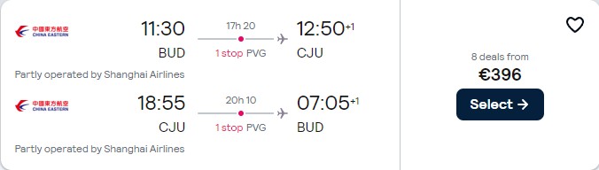Click here to book this cheap flight deal. Cheap flights from Budapest, Hungary to South Korean cities from only €396 roundtrip. Flight deal ticket image.