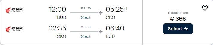 Click here to book this cheap flight deal. Non-stop flights from Budapest, Hungary to Chongqing, China for only €366 roundtrip. Flight deal ticket image.