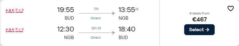 Click here to book this cheap flight deal. Non-stop flights from Budapest, Hungary to Ningbo, China for only €466 roundtrip. Flight deal ticket image.