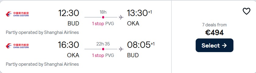 Summer flights from Budapest, Hungary to Okinawa, Japan for only €494 roundtrip. Flight deal ticket image.