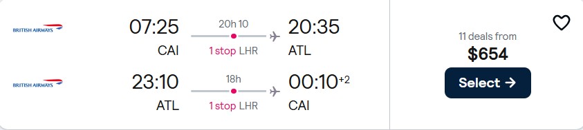 Cheap flights from Cairo, Egypt to Atlanta, USA for only $654 USD roundtrip with British Airways. Flight deal ticket image.