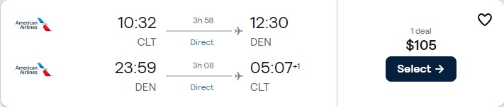 Non-stop flights from Charlotte, North Carolina to Denver, Colorado for only $105 roundtrip with American Airlines. Also works in reverse. Flight deal ticket image.