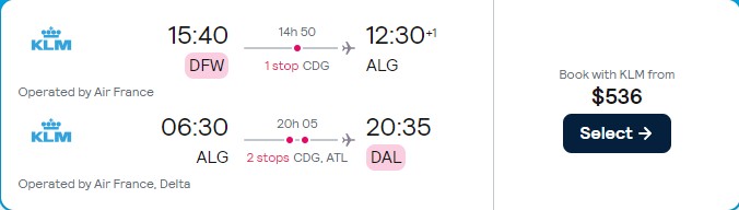 Click here to book this cheap flight deal. Cheap flights from Dallas, Texas to Algiers, Algeria for only $536 roundtrip with Air France and Delta Air Lines. Flight deal ticket image.