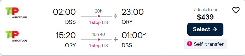 Cheap flights from Dakar, Senegal to Paris, France for only $439 USD roundtrip with TAP Air Portugal. Flight deal ticket image.