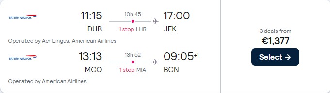 Double open-jaw flights from Dublin, Ireland to New York, USA returning from Orlando for only €1377 with Aer Lingus and American Airlines. Flight deal ticket image.