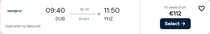 Click here to book this cheap flight deal. Non-stop flights from Dublin, Ireland to Halifax, Canada for only €112 one-way. Flight deal ticket image.