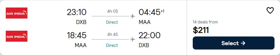 Non-stop flights from Dubai, UAE to Chennai, India for only $210 USD roundtrip. Flight deal ticket image.