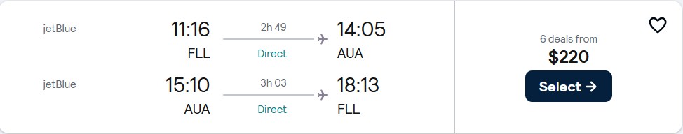Non-stop flights from Fort Lauderdale to Aruba for only $220 roundtrip with JetBlue. Flight deal ticket image.