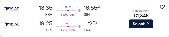 Business Class flights from Frankfurt, Germany to Singapore for only €1345 roundtrip. Flight deal ticket image.