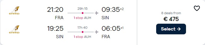 Click here to book this cheap flight deal. Cheap flights from German cities to Singapore from only €475 roundtrip with Etihad Airways. Flight deal ticket image.