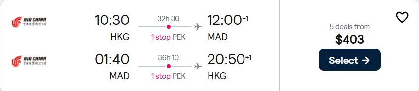 Click here to book this cheap flight deal. Cheap flights from Hong Kong to Madrid, Spain for only $403 USD roundtrip. Flight deal ticket image.