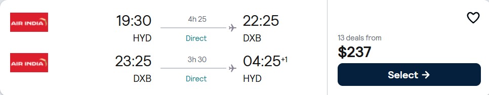 Non-stop flights from Hyderabad, India to Dubai, UAE for only $237 USD roundtrip. Flight deal ticket image.