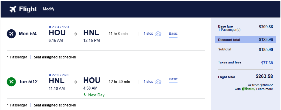 Click here to book this cheap flight deal. Non-stop flights from Houston, USA to Honolulu, USA for only $263 roundtrip. Also works in reverse. Flight deal ticket image.
