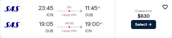 Premium Economy flights from Seoul, South Korea to Dublin, Ireland for only $630 USD roundtrip with Scandinavian Airlines. Flight deal ticket image.