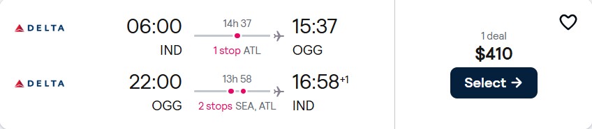 Cheap flights from Indianapolis to Kahului, Hawaii for only $410 roundtrip with Delta Air Lines. Also works in reverse. Flight deal ticket image.