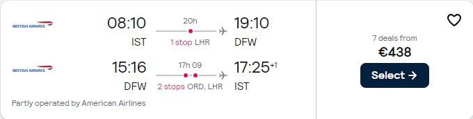 Cheap flights from Istanbul, Turkey to Dallas, Texas for only €438 roundtrip with British Airways and American Airlines. Flight deal ticket image.