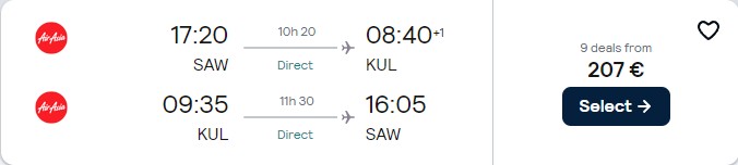 Click here to book this cheap flight deal. Non-stop flights from Istanbul, Turkey to Kuala Lumpur, Malaysia for only €207 roundtrip. Flight deal ticket image.