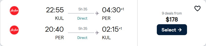 Non-stop flights from Kuala Lumpur, Malaysia to Perth, Australia for only $178 USD roundtrip. Flight deal ticket image.