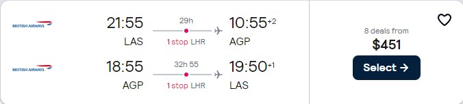 Click here to book this cheap flight deal. Cheap flights from Las Vegas to Malaga, Spain for only $451 roundtrip with British Airways. Flight deal ticket image.