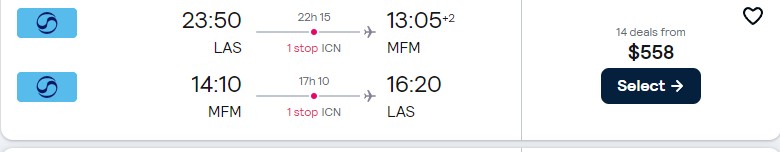 Click here to book this cheap flight deal. Summer flights from Las Vegas to Macau, China for only $558 roundtrip with Korean Air. Flight deal ticket image.