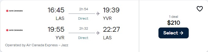 Click here to book this cheap flight deal. Cheap flights from US cities to Vancouver, Canada from only $210 roundtrip with Air Canada. Flight deal ticket image.