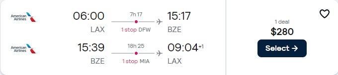 Cheap flights from Los Angeles to Belize City, Belize for only $280 roundtrip with American Airlines. Flight deal ticket image.