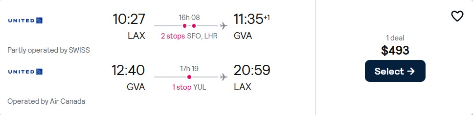 Click here to book this cheap flight deal. Cheap flights from Los Angeles to Geneva, Switzerland for only $493 roundtrip with United Airlines, Swiss International Air Lines and Air Canada. Flight deal ticket image.