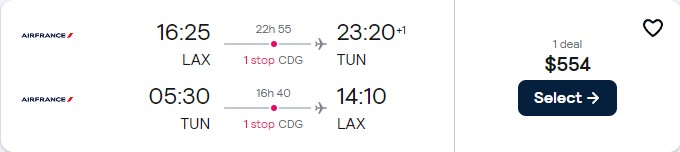 Cheap flights from Los Angeles to Tunis, Tunisia for only $554 roundtrip with Air France. Flight deal ticket image.