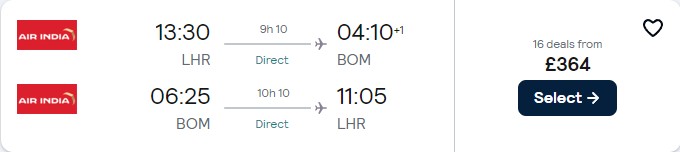 Non-stop flights from London, UK to Mumbai, India for only £364 roundtrip. Flight deal ticket image.