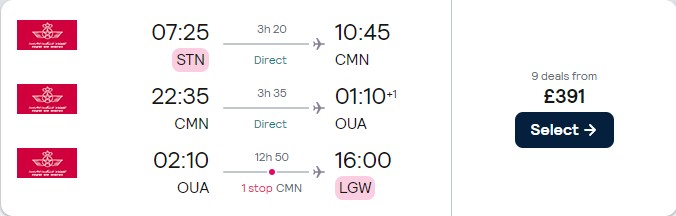 2 in 1 trip...Cheap flights from London, UK to Casablanca, Morocco and Ouagadougou, Burkina Faso for only £391 roundtrip with Royal Air Maroc. Flight deal ticket image.