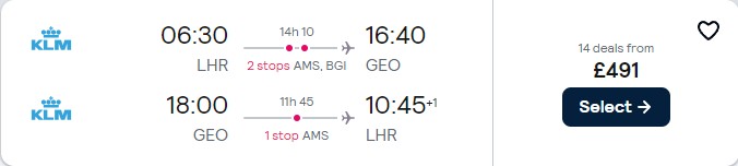 Cheap flights from London, UK to Guyana for only £491 roundtrip with KLM. Flight deal ticket image.