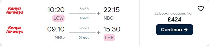 Click here to book this cheap flight deal. Non-stop flights from London, UK to Nairobi, Kenya for only £424 roundtrip. Flight deal ticket image.