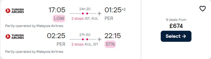 Click here to book this cheap flight deal. Cheap flights from London or Edinburgh, UK to Perth, Australia from only £674 roundtrip with Turkish Airlines and Malaysia Airlines. Flight deal ticket image.