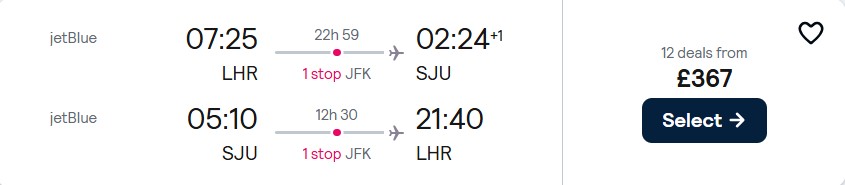 Cheap flights from London, UK to San Juan, Puerto Rico for only £367 roundtrip with JetBlue. Flight deal ticket image.