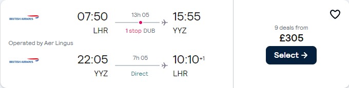 Click here to book this cheap flight deal. Cheap flights from London, UK to ________ from only £305 roundtrip with Aer Lingus and British Airways. Flight deal ticket image.