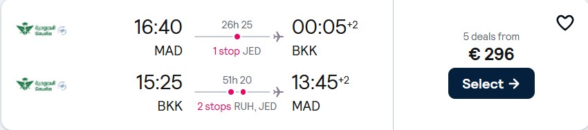 Summer flights from Madrid, Spain to Bangkok, Thailand for only €296 roundtrip. Flight deal ticket image.