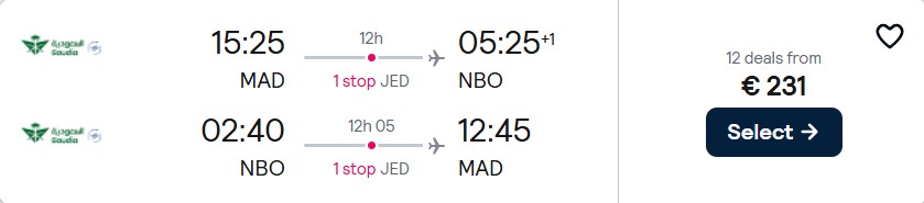 Click here to book this cheap flight deal. Cheap flights from Madrid, Spain to Nairobi, Kenya for only €231 roundtrip. Flight deal ticket image.