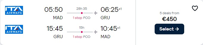 Cheap flights from Madrid, Spain to Sao Paulo, Brazil for only €450 roundtrip. Flight deal ticket image.