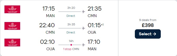2 in 1 trip...Cheap flights from Manchester, UK to Casablanca, Morocco and Ouagadougou, Burkina Faso for only £398 roundtrip with Royal Air Maroc. Flight deal ticket image.
