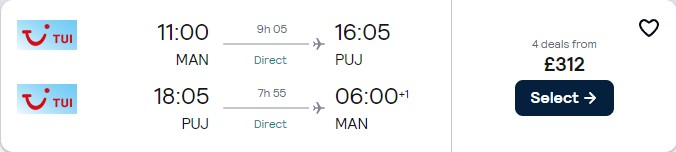 Non-stop flights from Manchester or London, UK to the Dominican Republic from only £312 roundtrip. Flight deal ticket image.