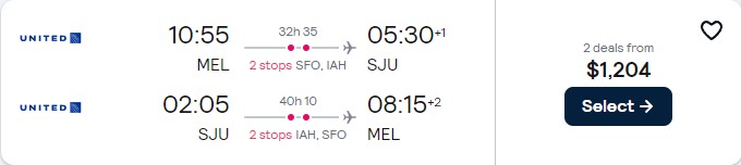 Cheap flights from Melbourne, Australia to San Juan, Puerto Rico for only $1204 AUD roundtrip with United Airlines. Flight deal ticket image.