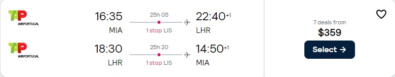 Cheap flights from Miami to London, UK for only $359 roundtrip with TAP Air Portugal. Flight deal ticket image.