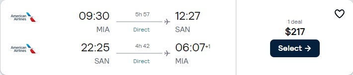 Non-stop flights from Miami to San Diego for only $217 roundtrip with American Airlines. Also works in reverse. Flight deal ticket image.