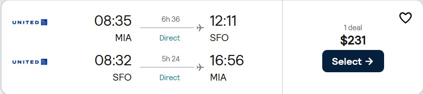 Non-stop flights from Miami to San Francisco for only $231 roundtrip with United Airlines. Also works in reverse. Flight deal ticket image.