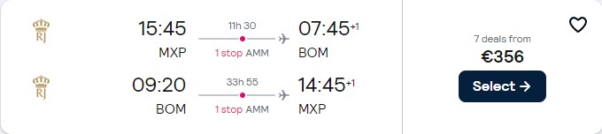 Cheap flights from Milan or Rome, Italy to Mumbai, India from only €356 roundtrip. Flight deal ticket image.